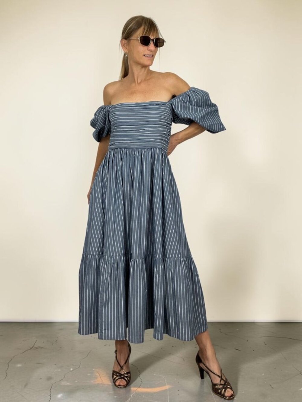 Abercrombie & Fitch Poplin Puff Sleeve Midi Dress M Blue Striped - Picture 6 of 16